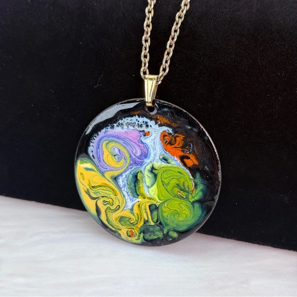 Vintage Abstract Art Pendant Necklace Long Silvertone Chain Statement